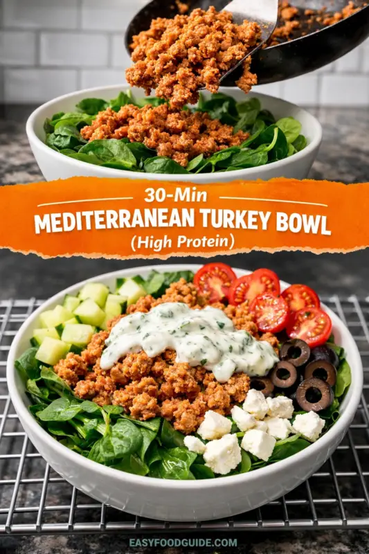 An infographic poster for a 30-Min Mediterranean Turkey Bowl. The upper panel shows cooked ground turkey being spooned onto a bed of spinach in a bowl. A central orange banner features the text: '30-Min MEDITERRANEAN TURKEY BOWL (High Protein)'. The lower panel displays a fully assembled bowl containing spinach, turkey, chopped cucumber, cherry tomatoes, black olives, crumbled feta cheese, and a dollop of herbed tzatziki sauce. At the bottom edge, text reads 'EASYFOODGUIDE.COM'.