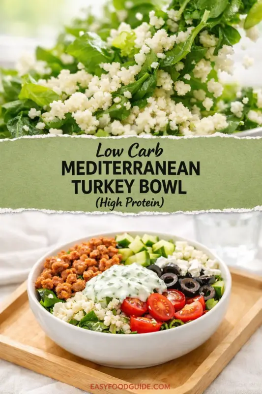 A composite recipe image with a central green banner that reads, "Low Carb MEDITERRANEAN TURKEY BOWL (High Protein)". Above the banner is a close-up of fresh spinach and cauliflower rice being prepared. Below, a completed meal bowl features cooked ground turkey, diced cucumber, feta cheese, black olives, cherry tomatoes, and a creamy tzatziki-style dressing, all arranged on a wooden tray. The website "EASYFOODGUIDE.COM" is visible at the bottom.
