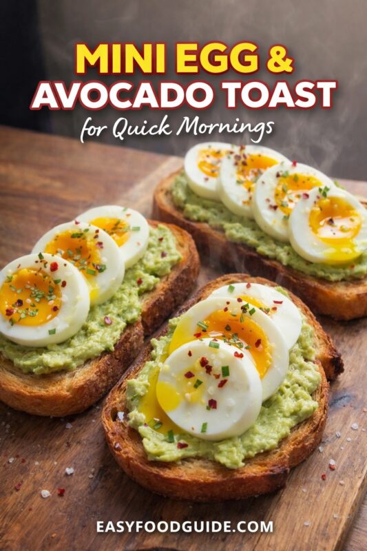 Three slices of mini egg & avocado toast on a wooden board: toasted bread topped with mashed avocado, halved soft-boiled eggs with runny yolks, sprinkled with chives and red pepper flakes. Steam rises. Text: “Mini Egg & Avocado Toast – for Quick Mornings” + EASYFOODGUIDE.COM. Rustic, appetizing breakfast scene.