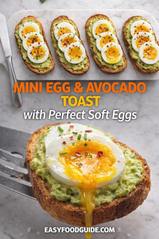 Two images of mini egg & avocado toast: top shows four slices on marble board with soft-boiled eggs, chives, and red pepper flakes; bottom features close-up of one slice with runny yolk dripping. Text: “Mini Egg & Avocado Toast – with Perfect Soft Eggs” + EASYFOODGUIDE.COM. Clean, bright, modern presentation.