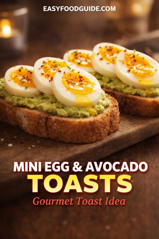 A gourmet toast idea featuring mini egg & avocado toasts, served on a rustic wooden board. The slices of bread are topped with creamy avocado and sliced soft-boiled eggs. Text reads "MINI EGG & AVOCADO TOASTS Gourmet Toast Idea," and the website "EASYFOODGUIDE.COM" is at the top.