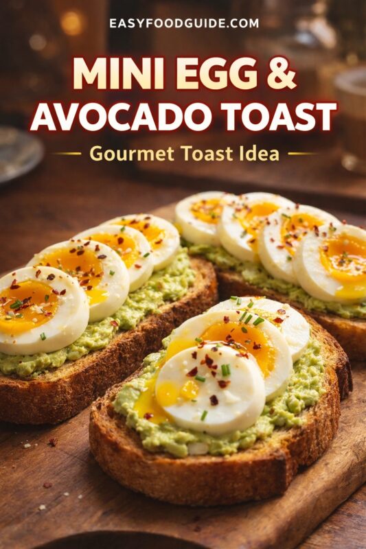 Four slices of mini egg & avocado toast on a rustic wooden board: toasted bread topped with creamy mashed avocado, halved soft-boiled eggs with vibrant runny yolks, garnished with chives and red pepper flakes. Text: “Mini Egg & Avocado Toast – Gourmet Toast Idea” + EASYFOODGUIDE.COM. Warm, inviting lighting, gourmet presentation.