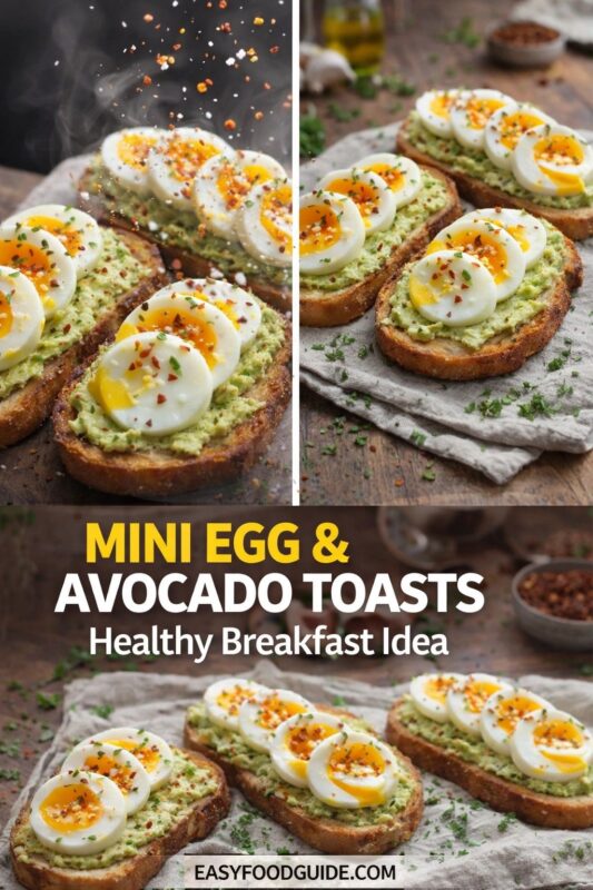 A vertical recipe graphic for Mini Egg & Avocado Toasts, presented as a healthy breakfast idea. The collage shows the toasts being seasoned and arranged on a rustic table. A banner reads "MINI EGG & AVOCADO TOASTS Healthy Breakfast Idea."