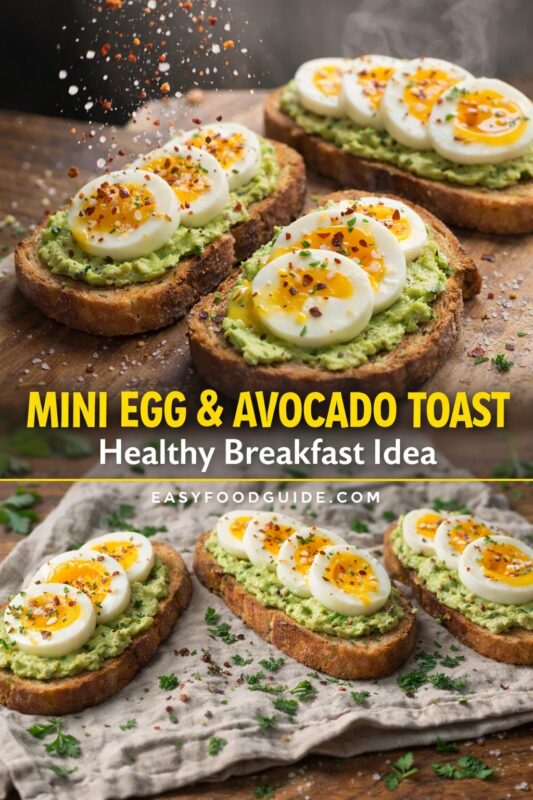 Two images of mini egg & avocado toast: top shows seasoning being sprinkled over toasts with soft-boiled eggs and mashed avocado on wood; bottom displays three toasts on linen cloth, garnished with herbs. Text: “Mini Egg & Avocado Toast – Healthy Breakfast Idea” + EASYFOODGUIDE.COM. Fresh, vibrant, wholesome presentation.