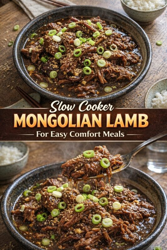 A vertical recipe graphic for a Slow Cooker Mongolian Lamb, ideal for easy comfort meals. The top image shows the finished dish in a bowl, while the bottom is a close-up of a spoonful of the tender, saucy lamb. A banner reads "Slow Cooker MONGOLIAN LAMB For Easy Comfort Meals."