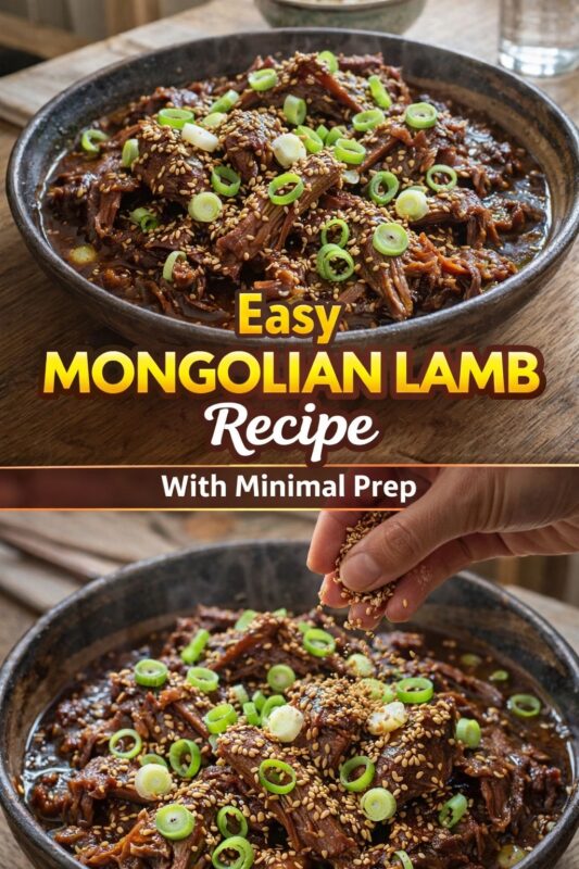 An easy Mongolian Lamb recipe with minimal prep, shown in a rustic bowl. The top image displays the finished dish, while the bottom captures a hand sprinkling sesame seeds over the savory lamb. A banner reads "Easy MONGOLIAN LAMB Recipe With Minimal Prep."
