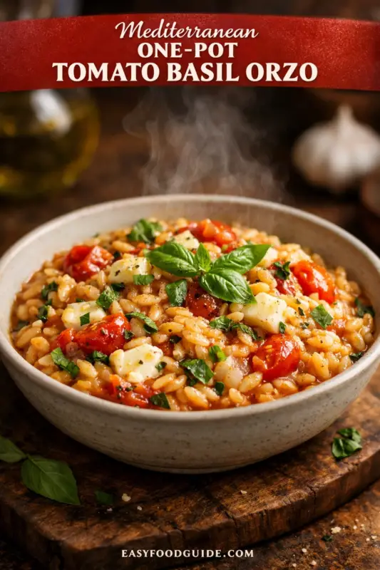 A title card image featuring text at the top: "Mediterranean ONE-POT TOMATO BASIL ORZO." Below is a close-up photograph of a grey ceramic bowl containing a steaming, hearty orzo pasta dish in a tomato sauce. Visible ingredients include roasted cherry tomatoes, cubes of mozzarella cheese, and abundant fresh green basil garnish. The bowl rests on a rustic wooden board with ingredients like garlic and olive oil blurred in the background. The footer reads EASYFOODGUIDE.COM.