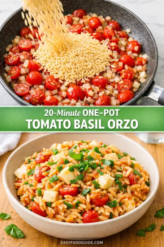one-pot-tomato-basil-orzo-2a A two-part image showing the process and final result of a recipe. The top panel depicts dry orzo pasta being poured into a pan of sautéed cherry tomatoes and onions. Below a green text banner titled "20-Minute ONE-POT TOMATO BASIL ORZO," the bottom panel features the finished dish: a bowl of cooked orzo, cherry tomatoes, and large mozzarella cubes, garnished with fresh basil. A white text bar at the bottom shows "EASYFOODGUIDE.COM".