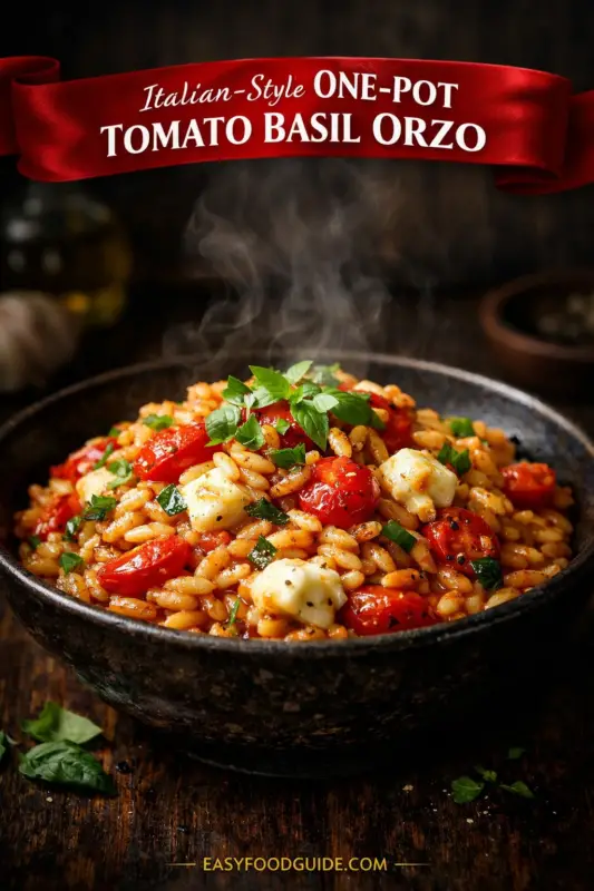 A rustic ceramic bowl of hot, steaming Italian-style orzo pasta in a tomato sauce. The dish is filled with whole and halved cherry tomatoes and large cubes of fresh white cheese, topped with basil sprigs. Rising steam indicates freshness. A red banner at the top reads, "Italian-Style ONE-POT TOMATO BASIL ORZO". The bottom has a logo for EASYFOODGUIDE.COM.