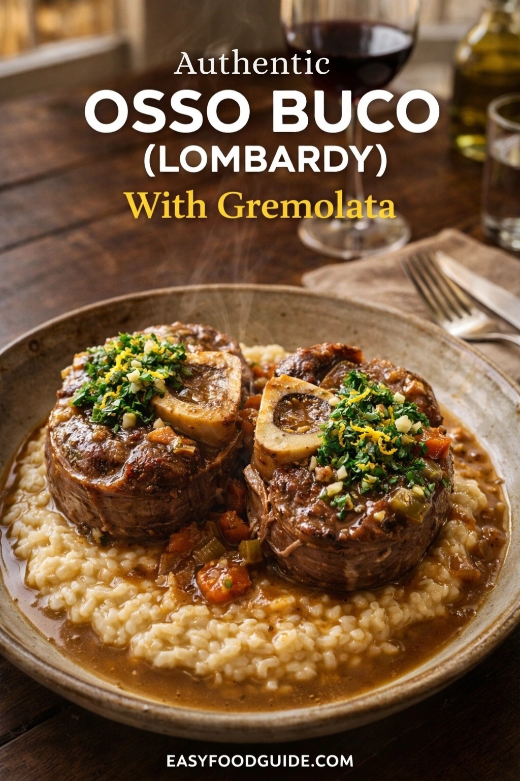 An authentic Osso Buco from Lombardy, served with gremolata over creamy risotto. The tender braised veal shanks are presented in a rustic bowl, accompanied by a glass of red wine. Text reads "Authentic OSSO BUCO (LOMBARDY) With Gremolata," and the website "EASYFOODGUIDE.COM" is at the bottom.