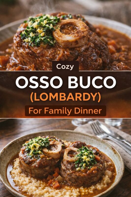 A vertical recipe graphic for a Cozy Osso Buco from Lombardy. The top image is a close-up of the family dinner dish, while the bottom shows it served over risotto. A banner reads "Cozy OSSO BUCO (LOMBARDY) For Family Dinner."