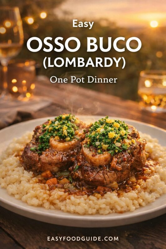 An easy Osso Buco from Lombardy, presented as a one-pot dinner. The dish features tender veal shanks served over risotto and garnished with gremolata, set against a warm, sunset-lit background. Text reads "Easy OSSO BUCO (LOMBARDY) One Pot Dinner," and the website "EASYFOODGUIDE.COM" is at the bottom.