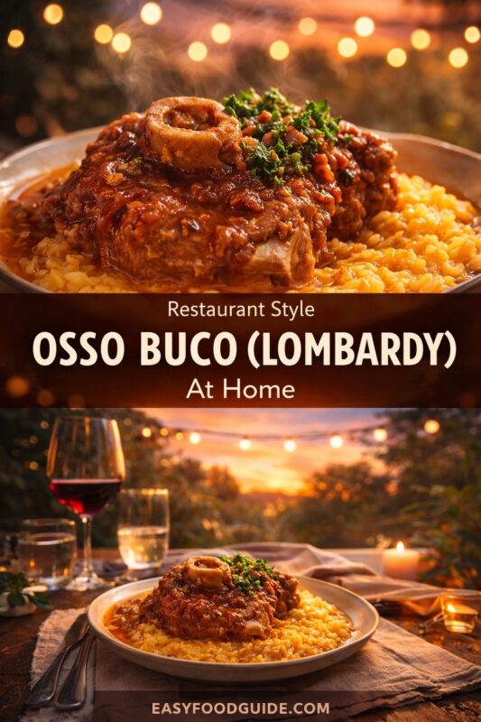 A vertical recipe graphic for a Restaurant Style Osso Buco from Lombardy. The top image is a close-up of the at-home meal, while the bottom shows it served on an outdoor table at sunset. A banner reads "Restaurant Style OSSO BUCO (LOMBARDY) At Home."