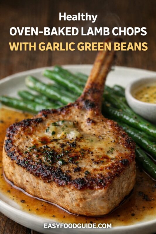 A healthy oven-baked lamb chop with garlic green beans, presented on a white plate. The single chop is seasoned and served with a side of beans and a dipping sauce against a dark wood background. Text reads "Healthy OVEN-BAKED LAMB CHOPS WITH GARLIC GREEN BEANS," and the website "EASYFOODGUIDE.COM" is at the bottom.