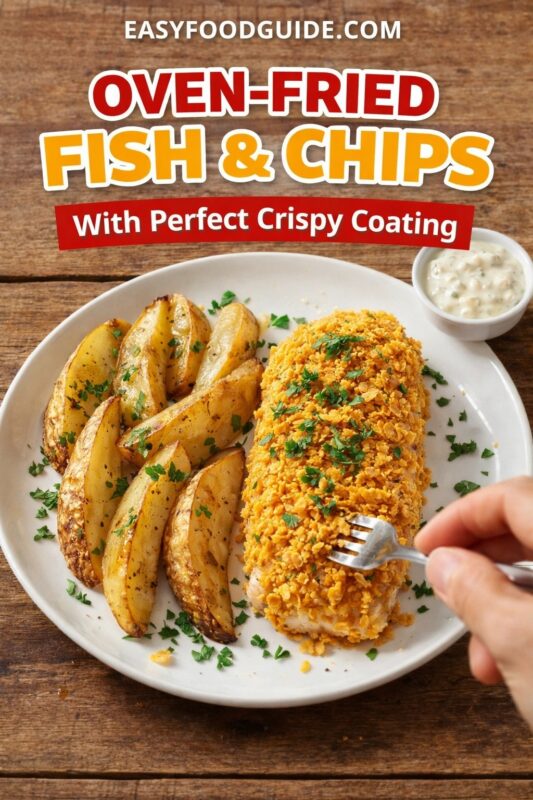 An oven-fried fish & chips dish with a perfect crispy coating, served on a white plate with seasoned potato wedges. A hand uses a fork to break into the golden-brown fish fillet. Text reads "OVEN-FRIED FISH & CHIPS With Perfect Crispy Coating," and the website "EASYFOODGUIDE.COM" is at the top.