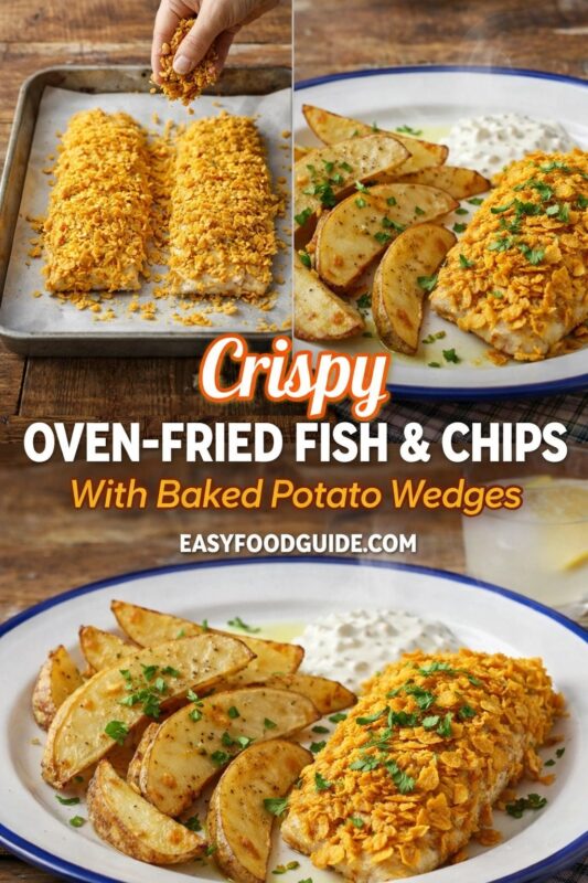 A vertical recipe graphic for Crispy Oven-Fried Fish & Chips with baked potato wedges. The top image shows the fish being prepared on a baking sheet, while the bottom displays the finished plated meal. A banner reads "Crispy OVEN-FRIED FISH & CHIPS With Baked Potato Wedges."