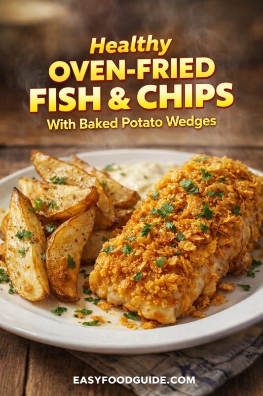 A healthy oven-fried fish & chips meal with baked potato wedges, served on a white plate. The golden, crispy fish fillet is steaming and accompanied by seasoned potato wedges and a side of sauce. Text reads "Healthy OVEN-FRIED FISH & CHIPS With Baked Potato Wedges," and the website "EASYFOODGUIDE.COM" is at the bottom.