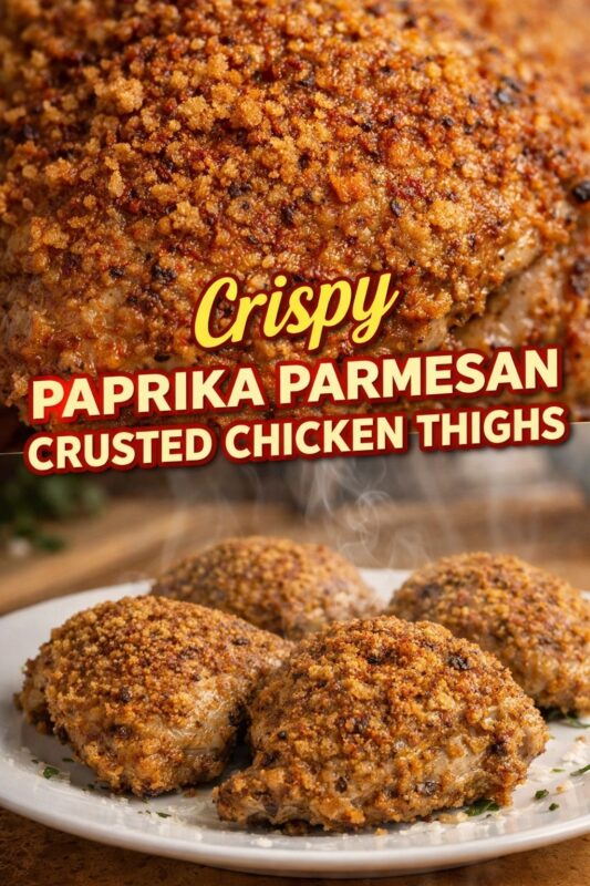 A vertical recipe graphic for Crispy Paprika Parmesan Crusted Chicken Thighs. The top image is an extreme close-up of the golden-brown, textured crust, while the bottom shows several steaming thighs served on a white plate. A banner reads "Crispy PAPRIKA PARMESAN CRUSTED CHICKEN THIGHS."