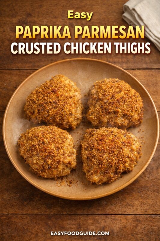 paprika-parmesan-crusted-chicken-thighs-2 An easy paprika parmesan crusted chicken thighs recipe, presented on a brown plate. The golden-brown, crispy chicken is served on a rustic wooden surface. Text reads "Easy PAPRIKA PARMESAN CRUSTED CHICKEN THIGHS," and the website "EASYFOODGUIDE.COM" is at the bottom.