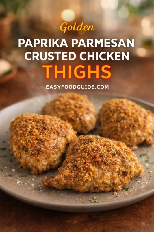 paprika-parmesan-crusted-chicken-thighs-4 A vertical recipe graphic for golden paprika parmesan crusted chicken thighs. The image shows four steaming, crispy-thighed pieces on a grey plate, garnished with fresh herbs. Text reads "Golden PAPRIKA PARMESAN CRUSTED CHICKEN THIGHS," and the website "EASYFOODGUIDE.COM" is in the center.