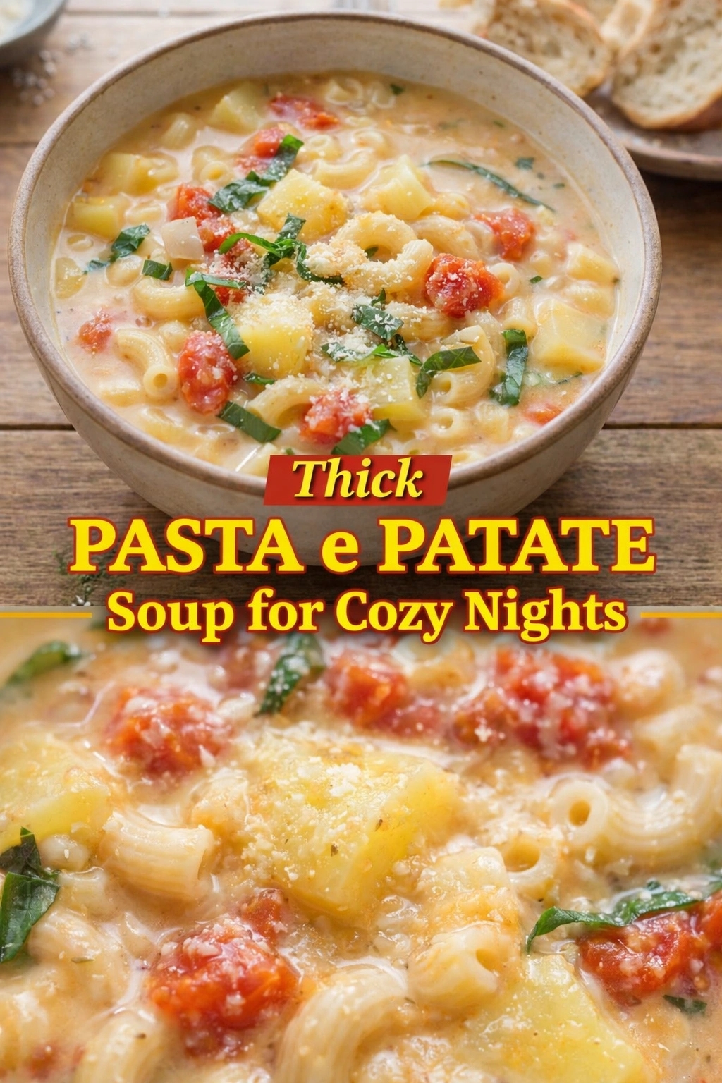A thick Pasta e Patate soup for cozy nights, served in a rustic bowl. The creamy Italian pasta and potato soup is garnished with fresh basil and grated cheese. Text reads "Thick PASTA e PATATE Soup for Cozy Nights."