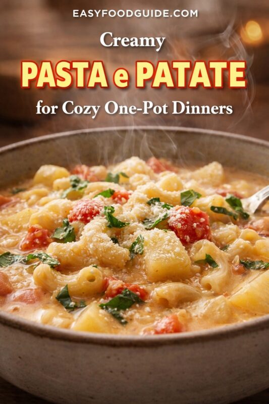 A creamy Pasta e Patate soup for cozy one-pot dinners, shown steaming in a bowl. The dish is a hearty mix of pasta, potatoes, and tomatoes, topped with fresh basil and parmesan cheese. Text reads "Creamy PASTA e PATATE for Cozy One-Pot Dinners," and the website "EASYFOODGUIDE.COM" is at the top.