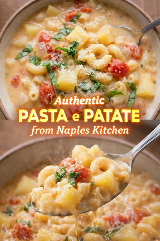 An authentic Pasta e Patate from a Naples kitchen, presented in two views. The top image shows the creamy soup in a bowl with a spoon, while the bottom is a close-up of a spoonful of the pasta and potato dish. Text reads "Authentic PASTA e PATATE from Naples Kitchen."