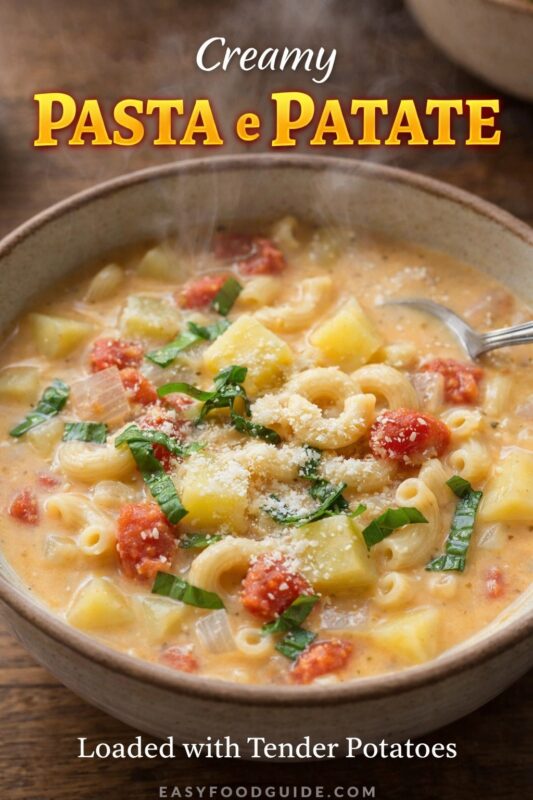 A creamy Pasta e Patate loaded with tender potatoes, served in a rustic bowl. The comforting soup features macaroni, diced potatoes, and tomatoes, garnished with basil and cheese. Text reads "Creamy PASTA e PATATE Loaded with Tender Potatoes," and the website "EASYFOODGUIDE.COM" is at the bottom.