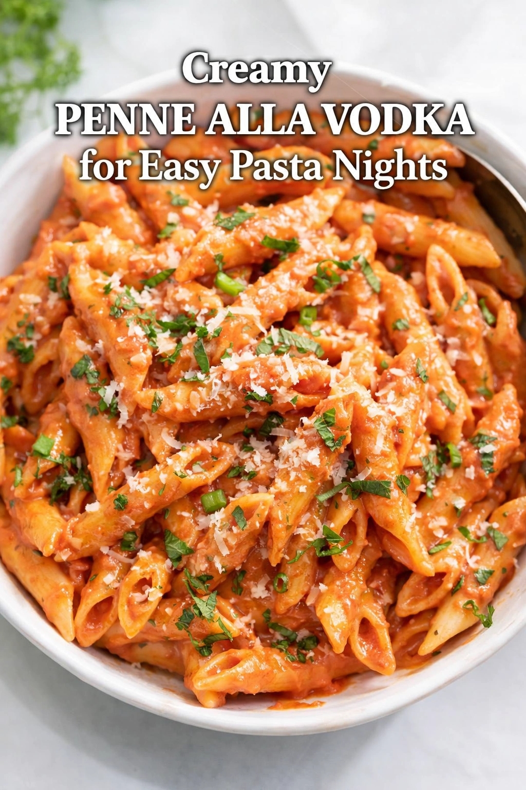 A bowl of creamy penne alla vodka, an easy pasta night dish. The penne is coated in a rich pink sauce and garnished with fresh parsley and grated cheese on a light surface. Text reads "Creamy PENNE ALLA VODKA for Easy Pasta Nights," and the website "EASYFOODGUIDE.COM" is at the bottom.