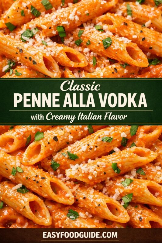 A vertical recipe graphic for Classic Penne Alla Vodka. The top and bottom images show close-ups of the pasta with creamy Italian flavor, topped with cheese and herbs. A banner reads "Classic PENNE ALLA VODKA with Creamy Italian Flavor."