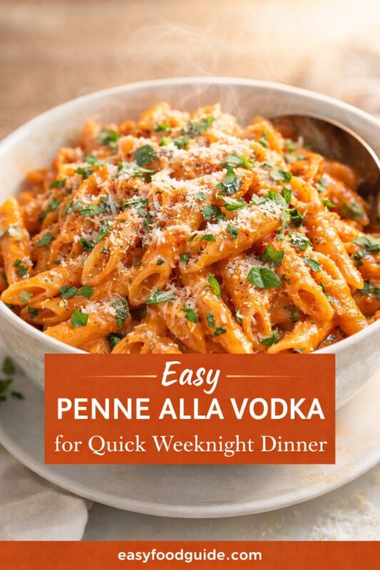 A steaming bowl of easy penne alla vodka, a quick weeknight dinner. The pasta is coated in a creamy sauce and topped with grated cheese and fresh basil. Text reads "Easy PENNE ALLA VODKA for Quick Weeknight Dinner," and the website "easyfoodguide.com" is at the bottom.