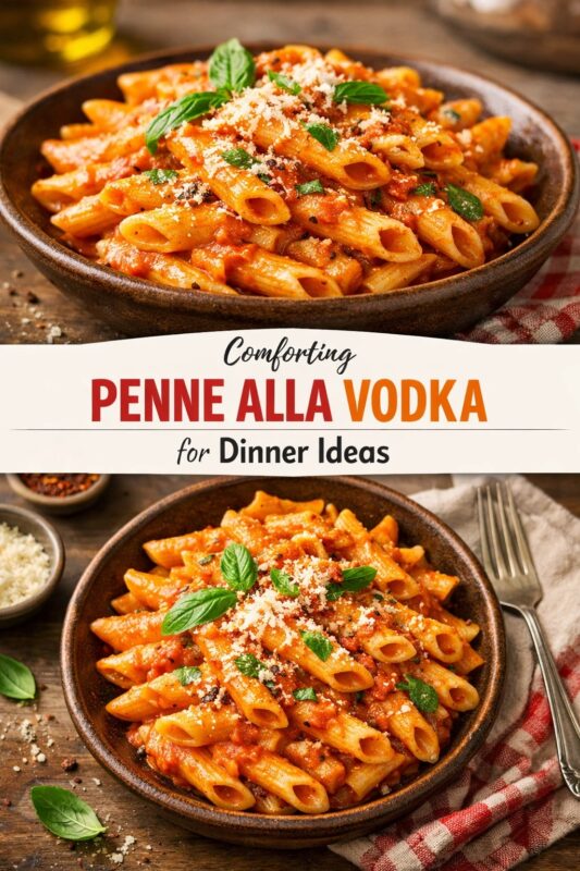 A vertical recipe graphic for Comforting Penne Alla Vodka. The top and bottom images show the dinner idea in a rustic bowl, garnished with basil and cheese on a wooden table. A banner reads "Comforting PENNE ALLA VODKA for Dinner Ideas."