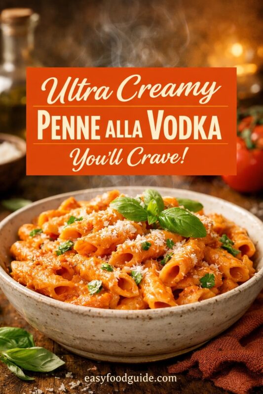 An ultra creamy penne alla vodka you'll crave, served in a rustic bowl. The steaming pasta is topped with fresh basil and grated cheese on a wooden table. Text reads "Ultra Creamy PENNE ALLA VODKA You'll Crave!," and the website "easyfoodguide.com" is at the bottom.