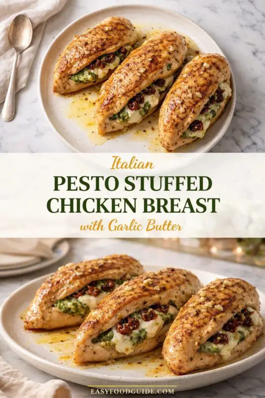 A vertical recipe graphic for Italian Pesto Stuffed Chicken Breast. The top image shows three cooked chicken breasts on a speckled plate, revealing a filling of green pesto, melted cheese, and sun-dried tomatoes. A banner in the center reads "Italian PESTO STUFFED CHICKEN BREAST with Garlic Butter." The bottom image presents another angle of the dish on a marble countertop, glistening with garlic butter sauce.