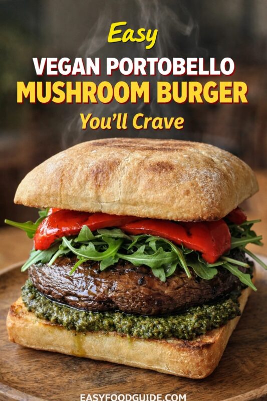 An easy vegan portobello mushroom burger you'll crave, served on a toasted bun. The grilled mushroom patty is layered with pesto, arugula, and roasted red peppers. Text reads "Easy VEGAN PORTOBELLO MUSHROOM BURGER You'll Crave," and the website "EASYFOODGUIDE.COM" is at the bottom.