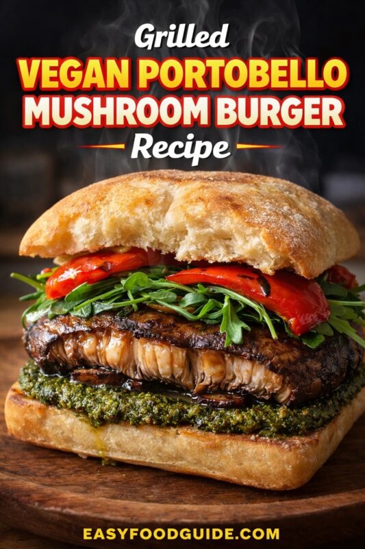 portobello-mushroom-burger-3 A grilled vegan portobello mushroom burger recipe, presented on a wooden board. The smoky mushroom patty is served with pesto, arugula, and red peppers on a toasted bun. Text reads "Grilled VEGAN PORTOBELLO MUSHROOM BURGER Recipe," and the website "EASYFOODGUIDE.COM" is at the bottom.