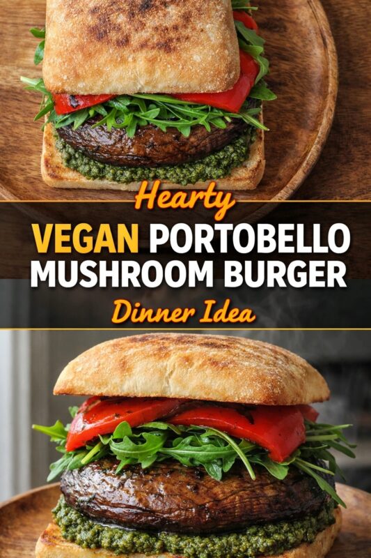 portobello-mushroom-burger-4 A vertical recipe graphic for a Hearty Vegan Portobello Mushroom Burger dinner idea. The top image shows the burger on a wooden plate, while the bottom displays it from another angle. A banner reads "Hearty VEGAN PORTOBELLO MUSHROOM BURGER Dinner Idea."