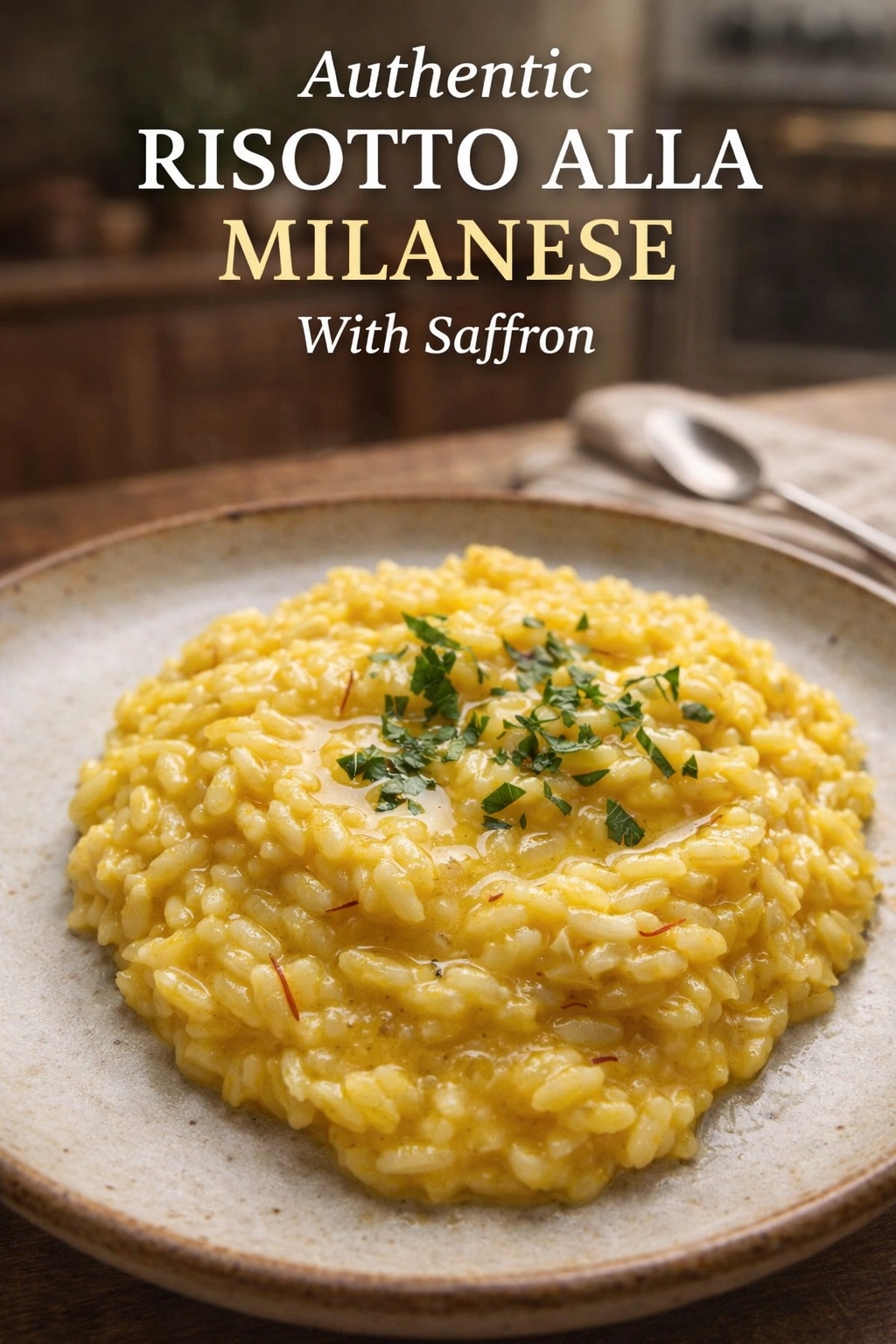 An authentic risotto alla Milanese with saffron, served on a rustic plate. The vibrant yellow rice is garnished with fresh herbs and sits on a wooden table. Text reads "Authentic RISOTTO ALLA MILANESE With Saffron," and the website "EASYFOODGUIDE.COM" is at the bottom.