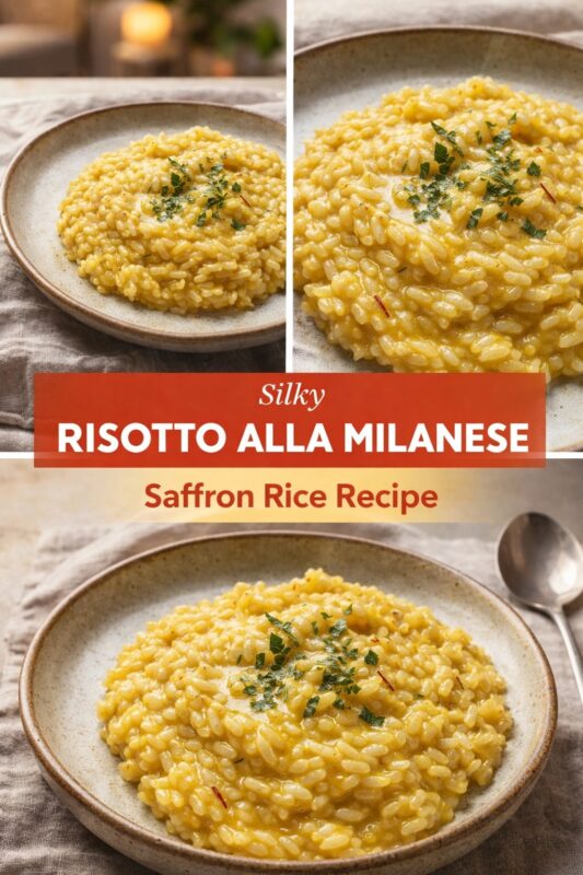 A vertical recipe graphic for a Silky Risotto Alla Milanese. The top and bottom images show the saffron rice recipe on a rustic plate, garnished with herbs. A banner reads "Silky RISOTTO ALLA MILANESE Saffron Rice Recipe."