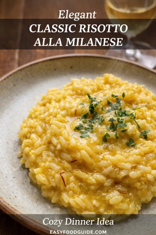 An elegant classic risotto alla Milanese, presented as a cozy dinner idea. The creamy saffron rice is served on a rustic plate with a glass of white wine in the background. Text reads "Elegant CLASSIC RISOTTO ALLA MILANESE Cozy Dinner Idea," and the website "EASYFOODGUIDE.COM" is at the bottom.