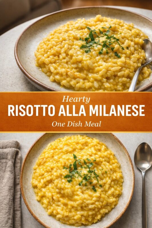 A vertical recipe graphic for a Hearty Risotto Alla Milanese. The top and bottom images show the one-dish meal served in a bowl, garnished with herbs. A banner reads "Hearty RISOTTO ALLA MILANESE One Dish Meal."