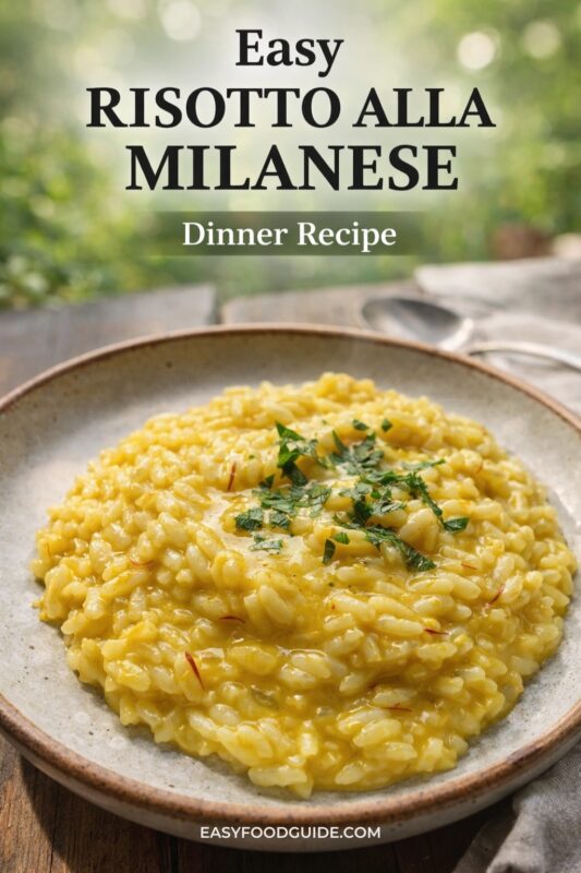 An easy risotto alla Milanese dinner recipe, served in a bowl on a wooden table. The creamy saffron rice is garnished with fresh herbs against a soft-focus green background. Text reads "Easy RISOTTO ALLA MILANESE Dinner Recipe," and the website "EASYFOODGUIDE.COM" is at the bottom.