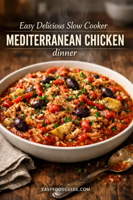 A steaming rustic, grey bowl on a wooden table is filled with a stew of shredded chicken, tomatoes, black olives, and artichoke hearts, garnished with parsley. Top text: 'Easy Delicious Slow Cooker MEDITERRANEAN CHICKEN dinner'. Text at bottom: 'EASYFOODGUIDE.COM'. A linen napkin and an ornate spoon are visible.