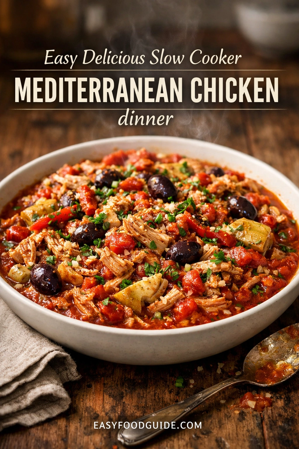 A steaming rustic, grey bowl on a wooden table is filled with a stew of shredded chicken, tomatoes, black olives, and artichoke hearts, garnished with parsley. Top text: 'Easy Delicious Slow Cooker MEDITERRANEAN CHICKEN dinner'. Text at bottom: 'EASYFOODGUIDE.COM'. A linen napkin and an ornate spoon are visible.