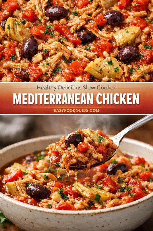 A composite image with two views of a rich slow-cooker Mediterranean chicken stew. The top is a detailed close-up of the chunky texture. A central orange-gradient text banner reads 'Healthy Delicious Slow Cooker MEDITERRANEAN CHICKEN' with 'EASYFOODGUIDE.COM'. The bottom shows a speckled ceramic bowl of the steaming stew, with a silver spoon scooping a portion filled with shredded chicken, olives, tomatoes, and artichokes.
