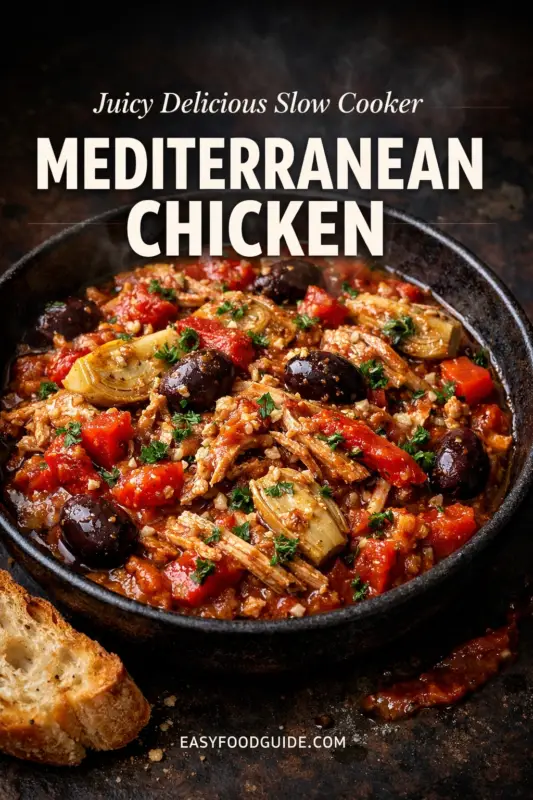 A steaming dark rustic bowl is filled with a rich slow-cooker Mediterranean chicken stew, including shredded chicken, black olives, tomatoes, and artichoke hearts. It is set on a dark wood surface with a toasted bread slice. Prominent text at the top reads: 'Juicy Delicious Slow Cooker MEDITERRANEAN CHICKEN'. 'EASYFOODGUIDE.COM' is at the bottom center.