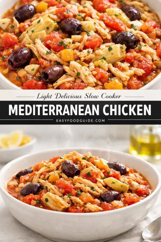 An image featuring a composite view of a steaming grey bowl on a rustic wooden table, filled with a hearty stew of shredded chicken, diced tomatoes, black olives, artichoke heart pieces, and herbs. Above this is a central black text banner with white and light-grey text: "Light Delicious Slow Cooker MEDITERRANEAN CHICKEN" and "EASYFOODGUIDE.COM". A second close-up view of the same stew is above the banner. In the wider view, a bowl of lemon wedges, a small jar of olive oil, and a silver spoon are visible in the background.