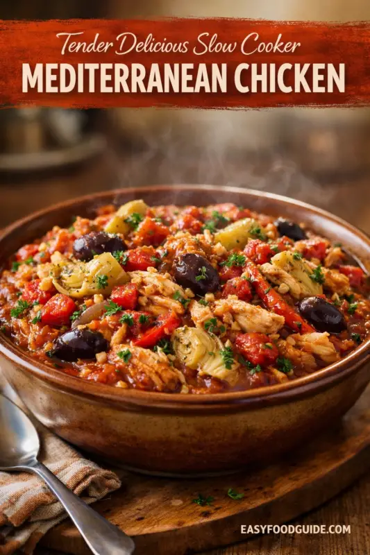 A composite food photography image. The top section is a detailed overhead close-up of chunky, rich slow-cooker Mediterranean chicken stew featuring black olives, tomatoes, artichokes, and shredded chicken. A central text banner reads: 'Light Delicious Slow Cooker MEDITERRANEAN CHICKEN' and 'EASYFOODGUIDE.COM'. The bottom section shows a steaming white bowl of the stew with herbs, on a light tablecloth with a napkin, spoon, and blurry background elements of lemon wedges and olive oil.