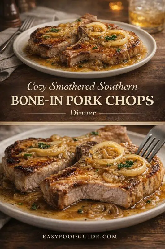 A vertical recipe graphic for Cozy Smothered Southern Bone-In Pork Chops. The top image shows two pork chops with onions and gravy on a plate. A banner reads "Cozy Smothered Southern BONE-IN PORK CHOPS Dinner." The bottom is a close-up of the juicy meat being cut into with a fork.