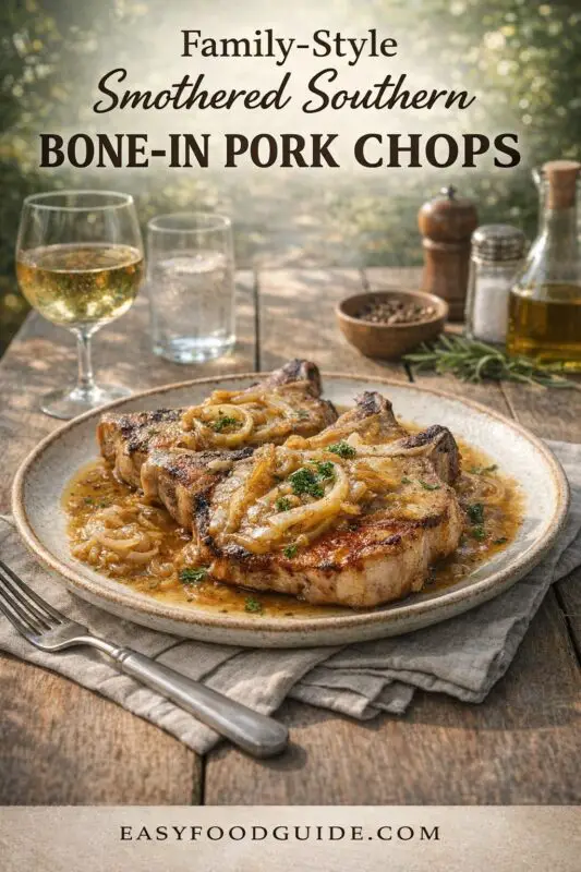 A family-style dinner of smothered southern bone-in pork chops topped with onions and gravy, served on a rustic wooden table. A glass of white wine and seasoning bottles are in the background. Text reads "Family-Style Smothered Southern BONE-IN PORK CHOPS," and the website "EASYFOODGUIDE.COM" is at the bottom.